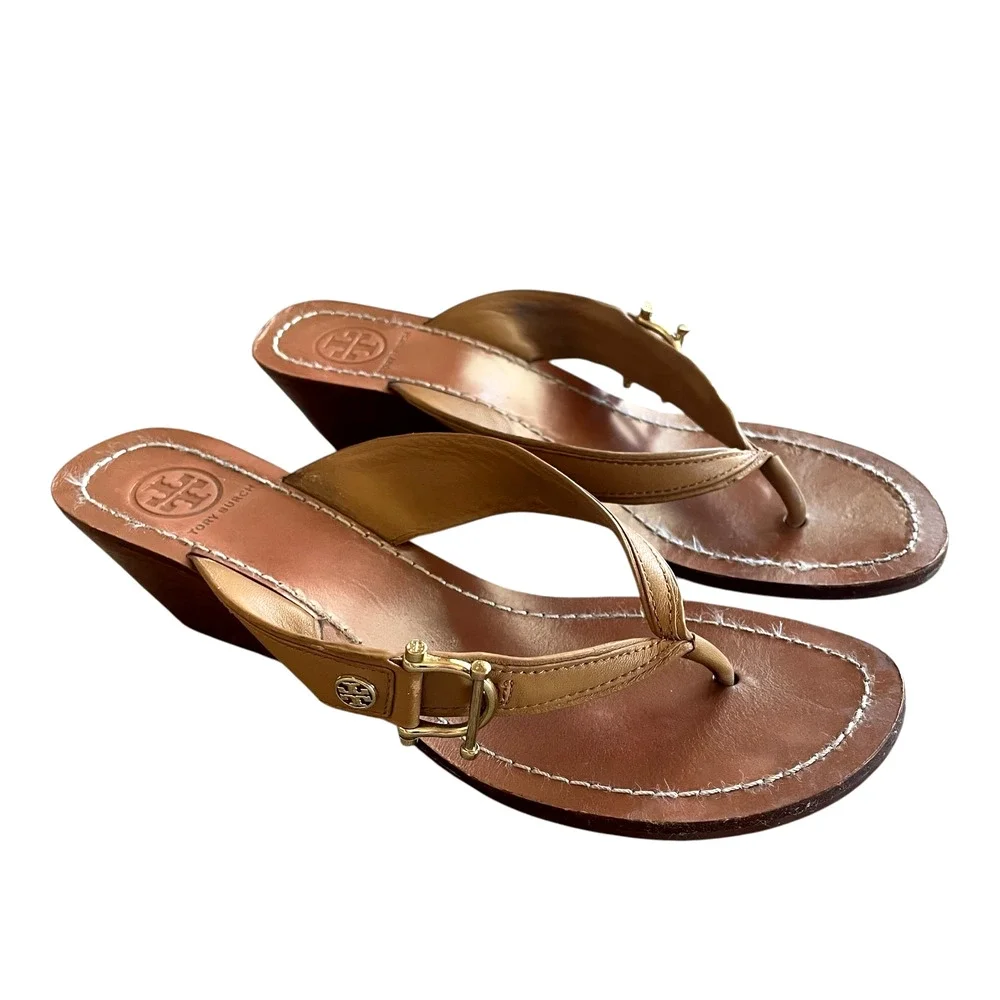 TORY BURCH Nora Mestico Size 7.5 Brown Tan Leather Slip-On Thong Wedge Sandals